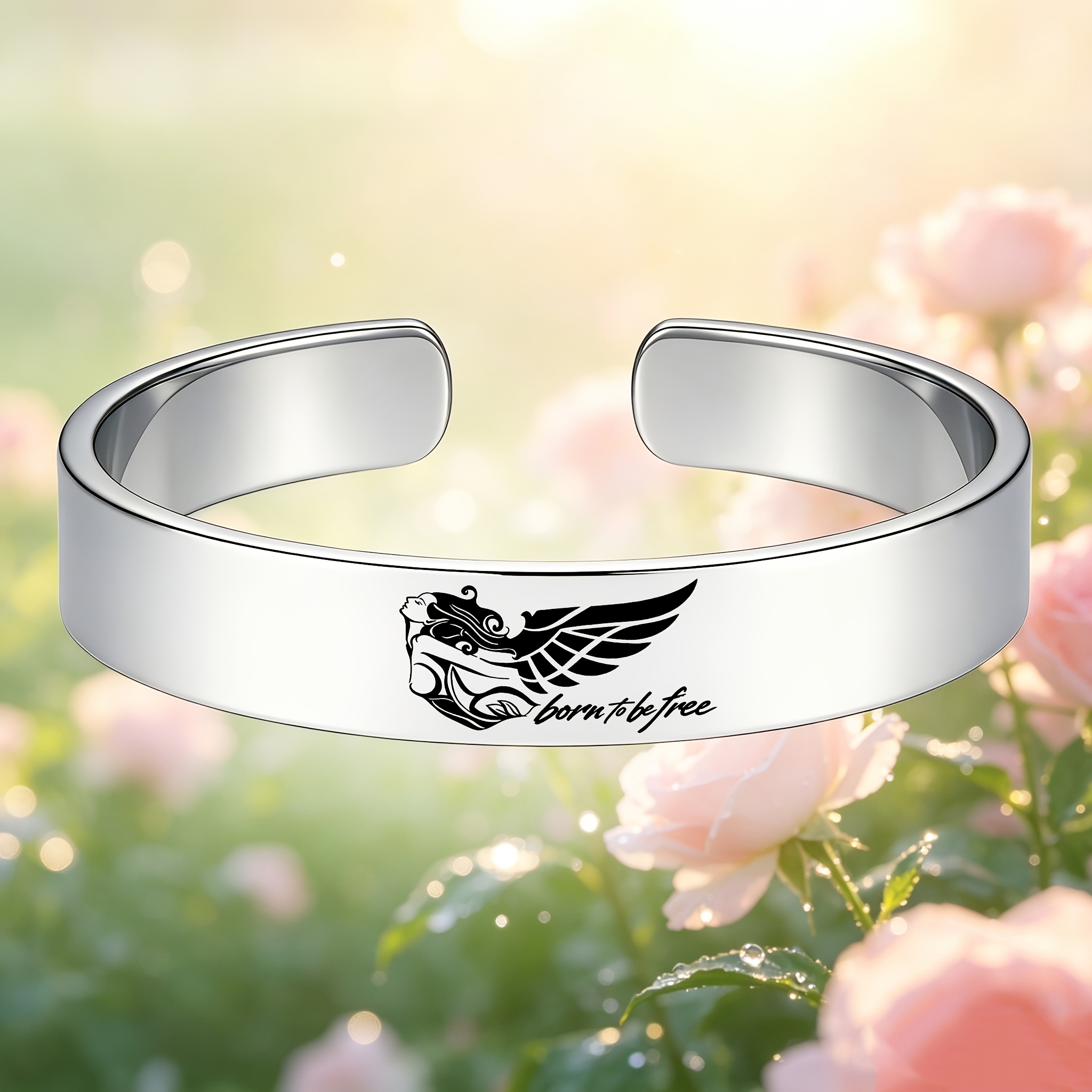 Born to Free Angel Wings Stainless Steel Open Bangle